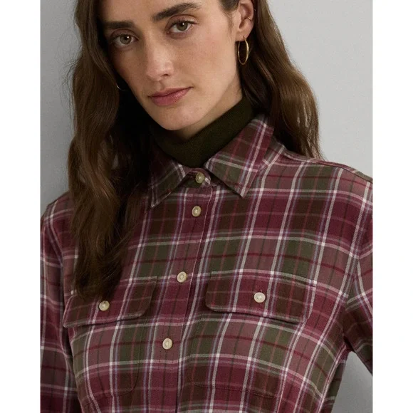 Lauren Ralph Lauren Women Checked Plaid Shirtdress Burgundy Multi Size 8 - Picture 4 of 5